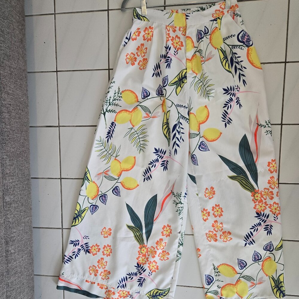 Lemon Print Wide Leg Pants – Stretch Waist, Cottagecore Summer Vibes